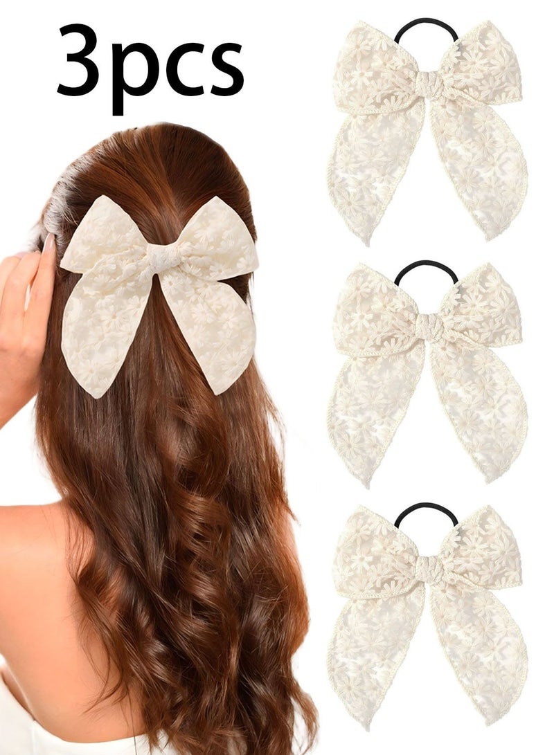 3 ربطات شعر أنيقة على شكل فيونكة فراشة للبنات - لون أبيض كريمي، مصنوعة من البوليستر، مناسبة لجميع الفصول. - Image 1